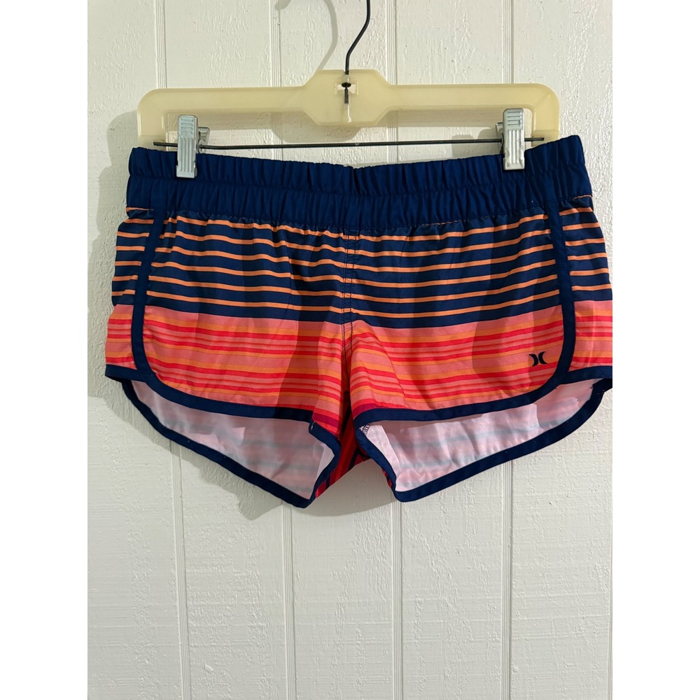 Hurley Women Striped Board Shorts Navy Blue Orange Pink Beach Surfing Sz S